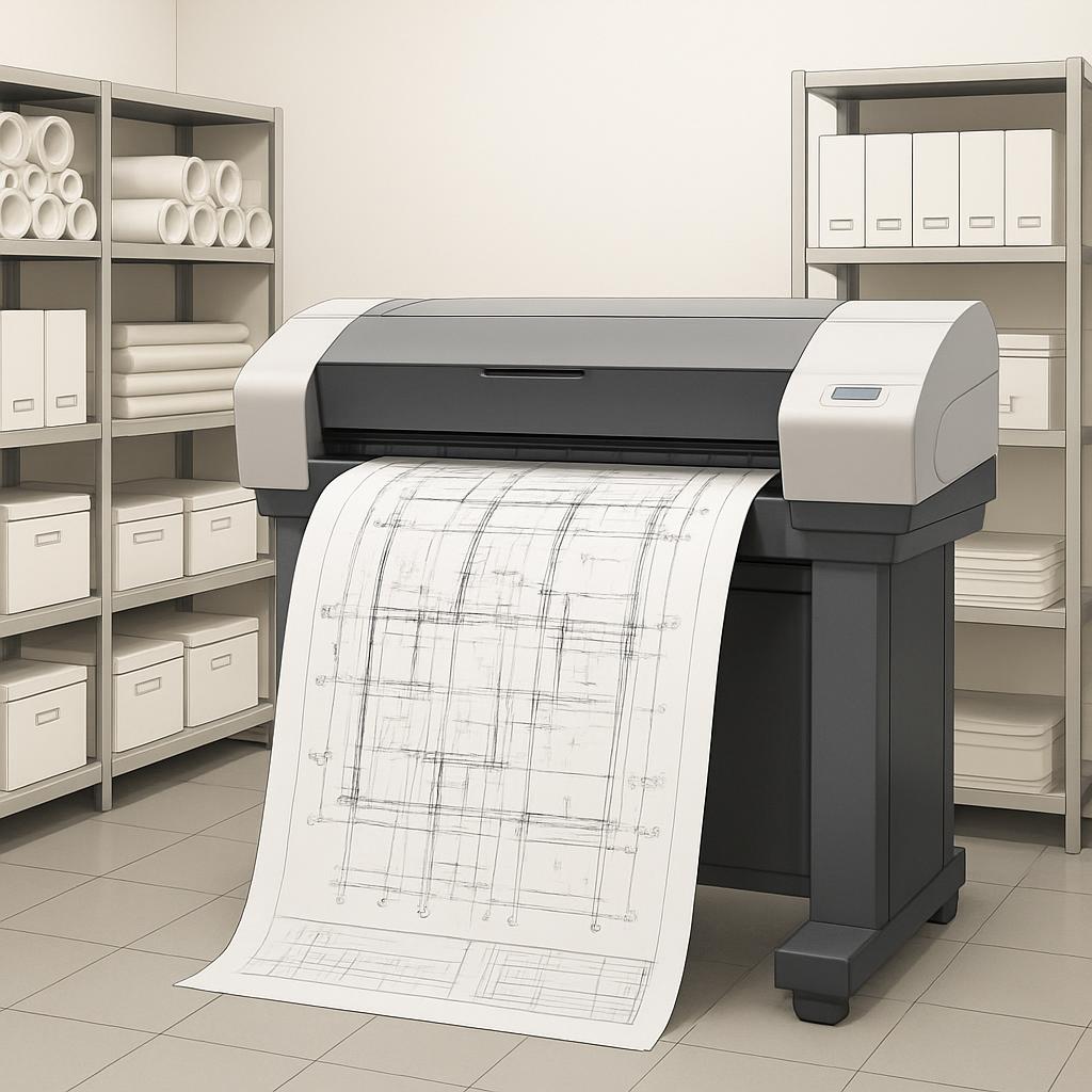 *A large printer is in a petite room* Printer: 3-D dark grey cabinet and white body, lift-top color computer screen, white...
