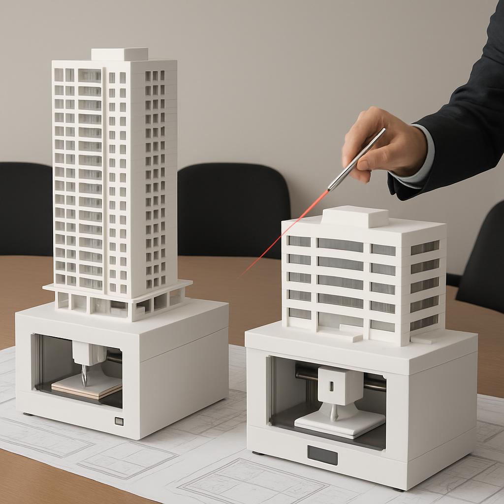 The alt text for this image is: "Two 3D printers on a table, and a hand using a laser pointer to adjust a miniature tower ...