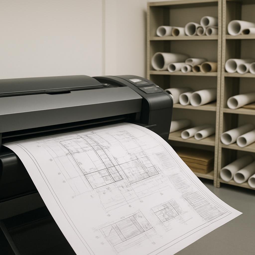 an office with a printer and a shelving unit full of blueprints. the printer is black and is printing a blueprint that is ...