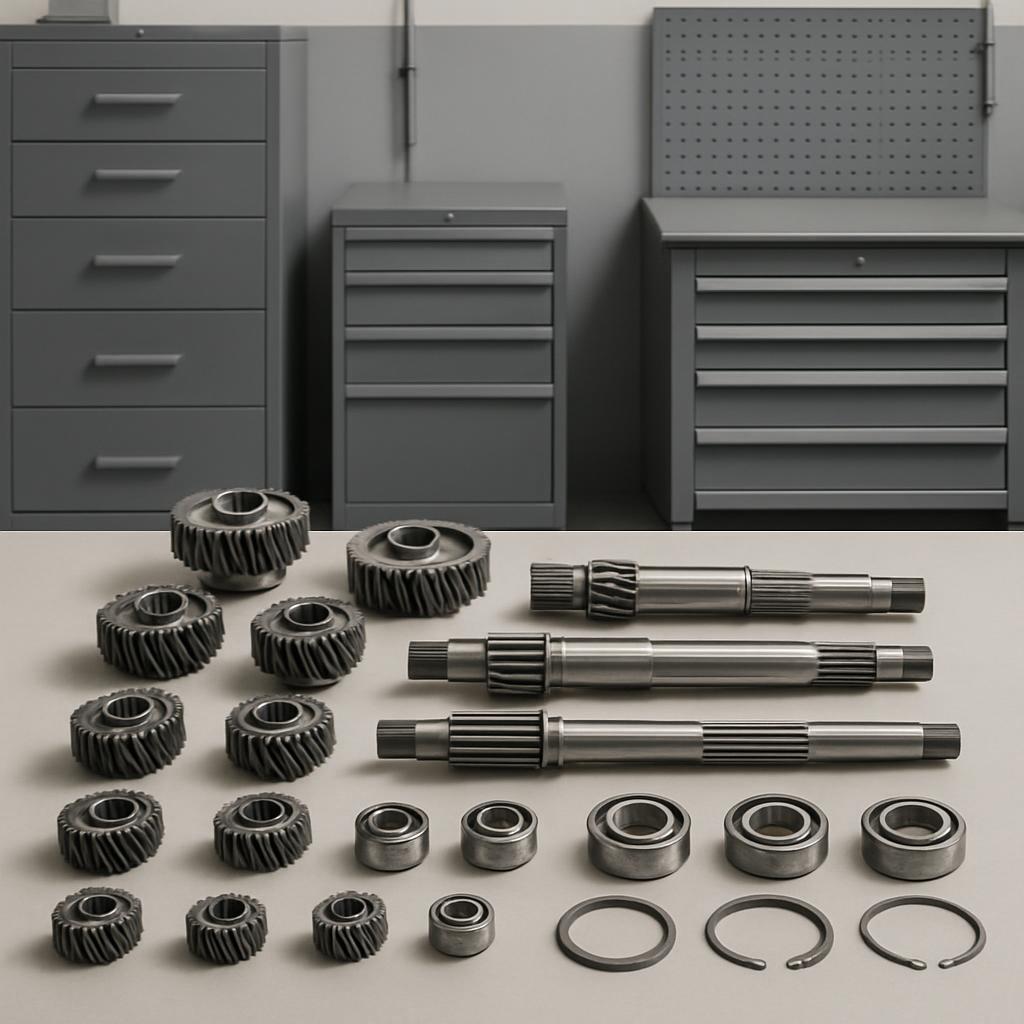 A workplace with grey cabinets and a workbench, featuring a collection of gears, bearings, and other machinery parts on th...
